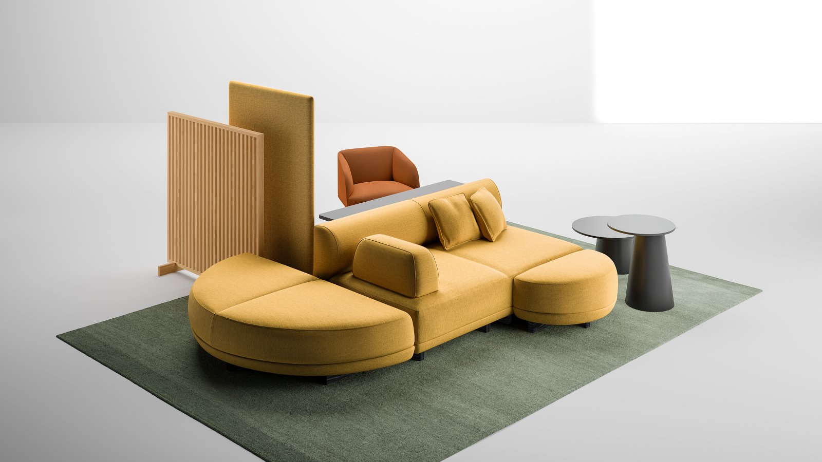 Wyspa Node+ 180 × 180 cm z oparciami w holu biurowca