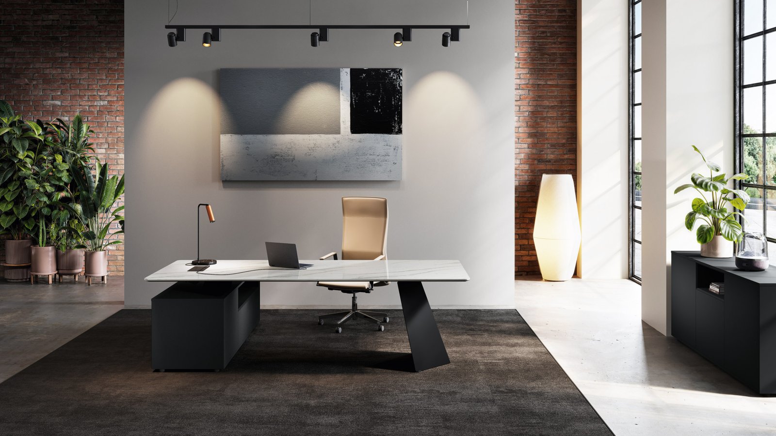 Detal ceramicznego blatu Nero Desirè na biurku gabinetowym Monolith