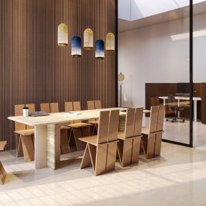 Stół konferencyjny Ginza od Codutti z blatem z trawertynu rzymskiego na dwóch panelach konstrukcyjnych
