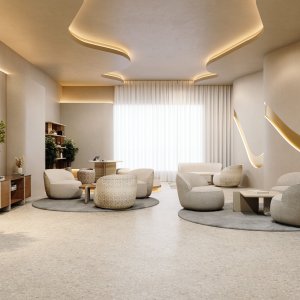 Trawertyn rzymski na blacie stołu konferencyjnego Ginza w zbliżeniu