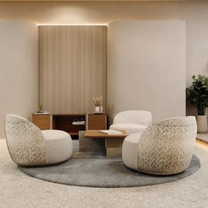 Okrągły stół Ginza z trzema fotelami w nieformalnym kącie sali