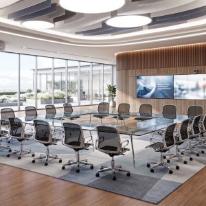Stół konferencyjny UniTable od ICF z blatem fornirowanym i podstawą z polerowanego aluminium