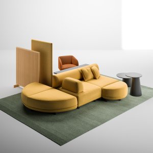 Wyspa Node+ 180 × 180 cm z oparciami w holu biurowca