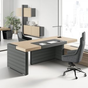 Las Mobili Jera Eco-Pelle Ardesia 505 — watolina akrylowa 12 mm, szew liniowy, panel boczny biurka gabinetowego